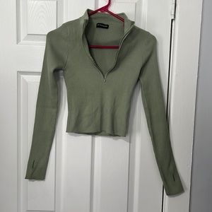 Sage Green Ribbed Zip Up Knitted Sweater, Size Small